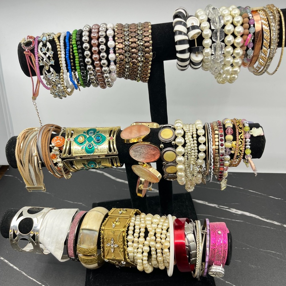 Assorted Costume 57 Pcs Bracelet Lot Bangles Cuffs Faux Pearl Rhinestone Beaded